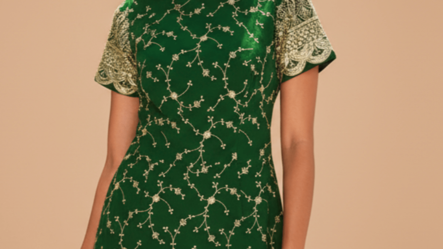 woman wearing a green dress with gold embroidery