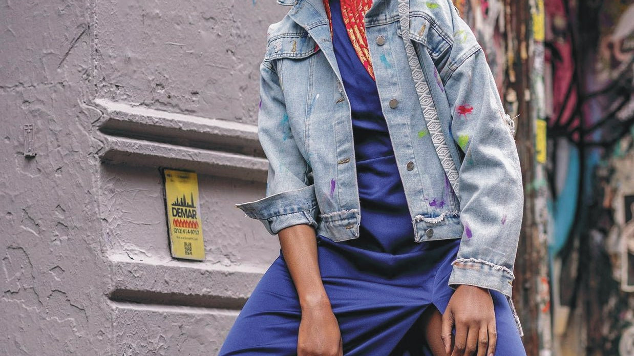 Blue Dress with Jean Jacket and Pink Bag