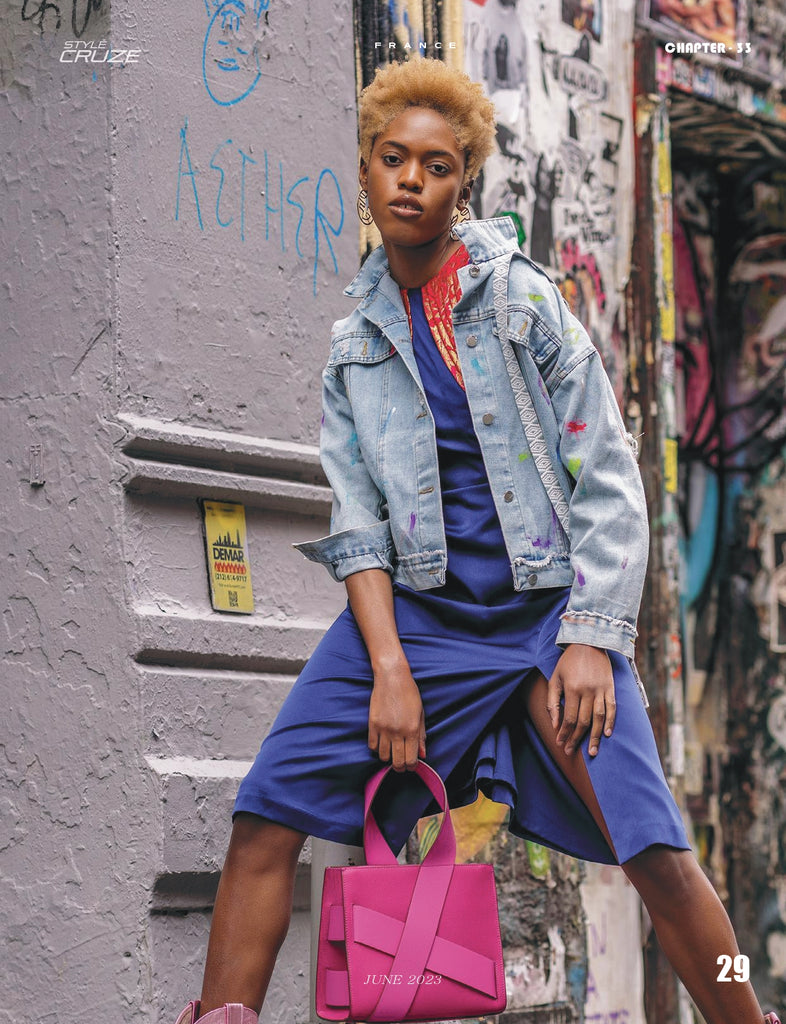 Blue Dress with Jean Jacket and Pink Bag