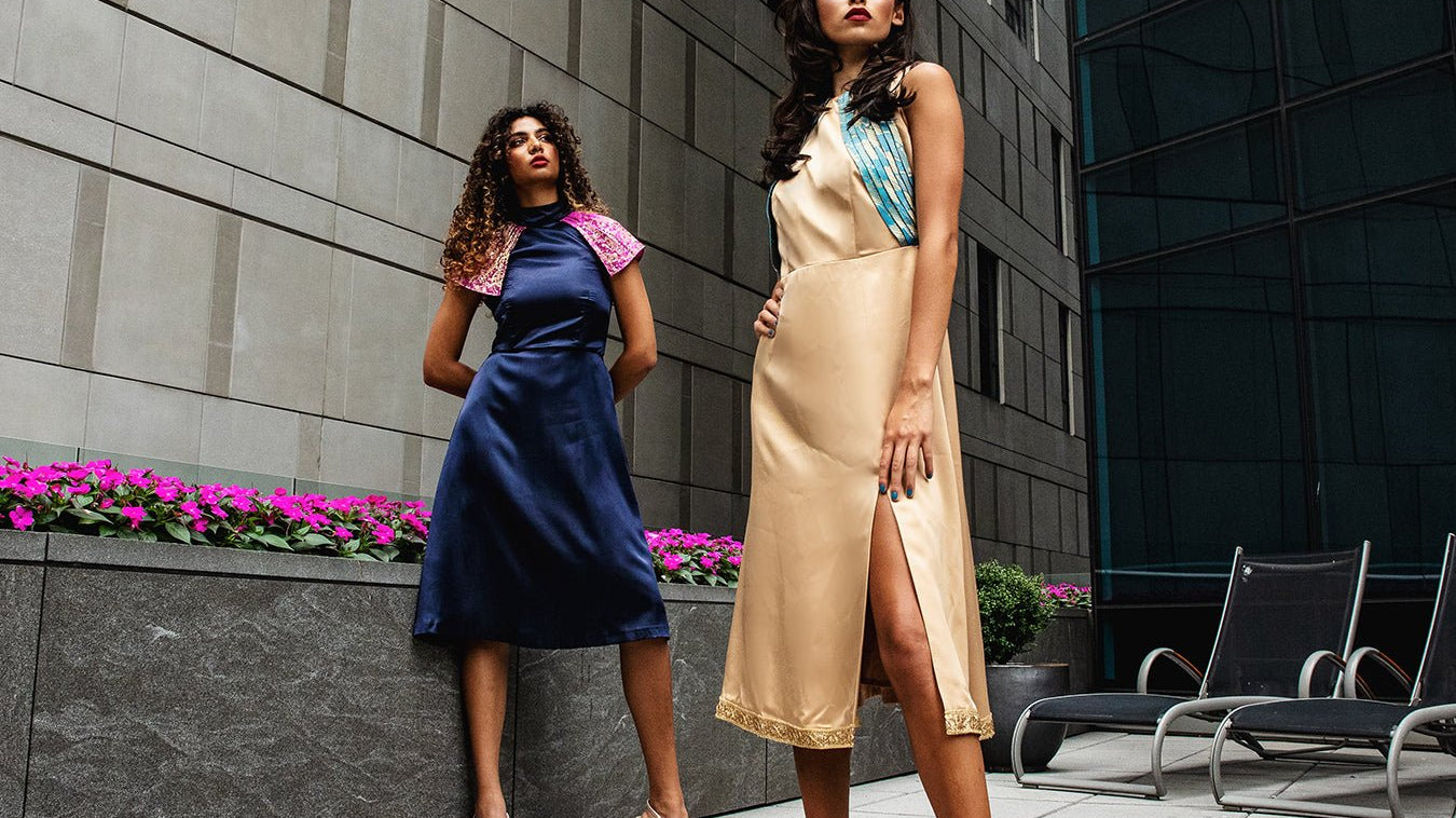 Two women in indowestern cocktail dresses