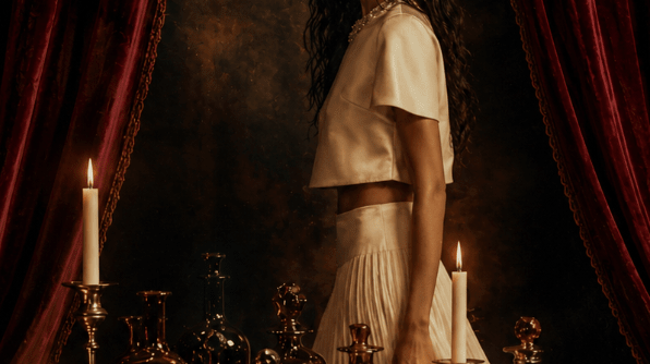 Woman in white outfit with decatars