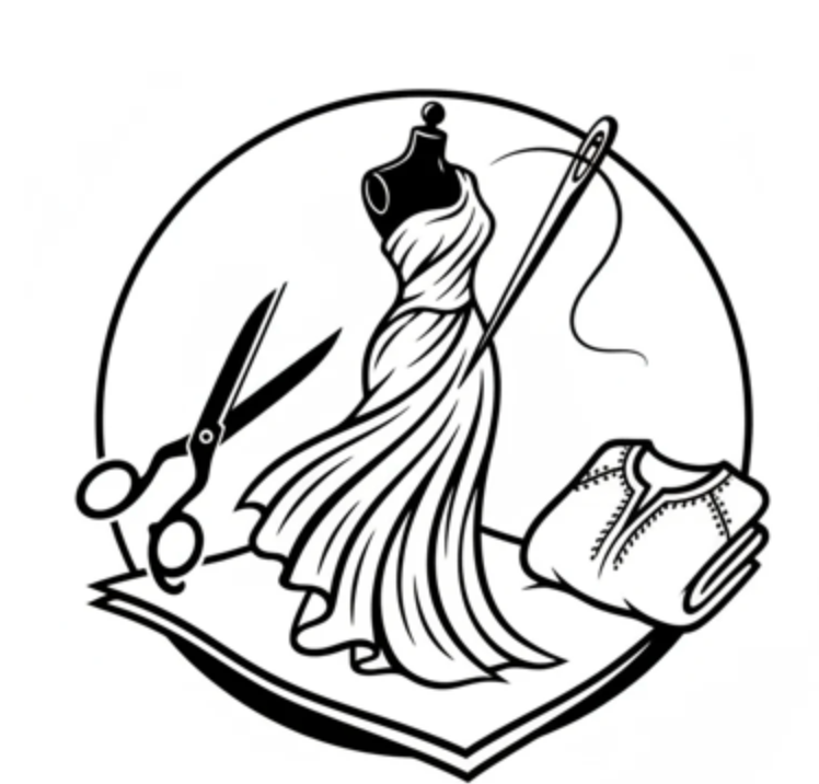 Black and white illustration of a dress, scissors, and sewing tools on a white background