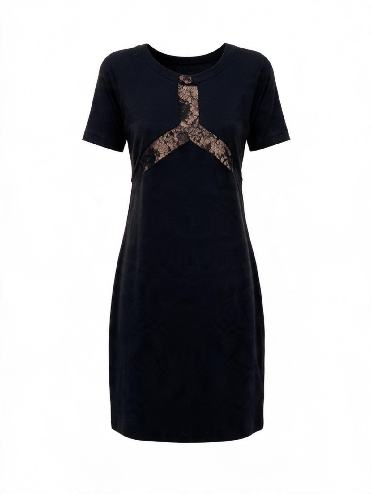A short-sleeve black dress featuring a brown and beige floral lace Y-shaped chest detail, shown against a plain white background.