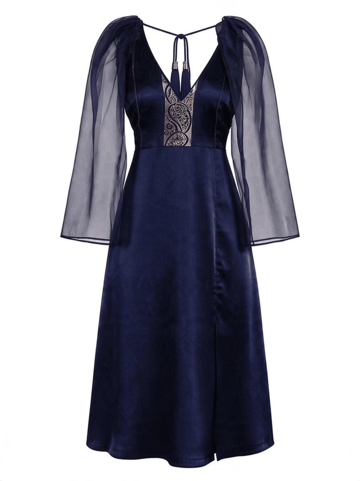 A navy blue satin midi dress with sheer mesh cape sleeves, a deep V-neckline with tie-front straps, and a decorative gold paisley embroidered panel on the bodice.