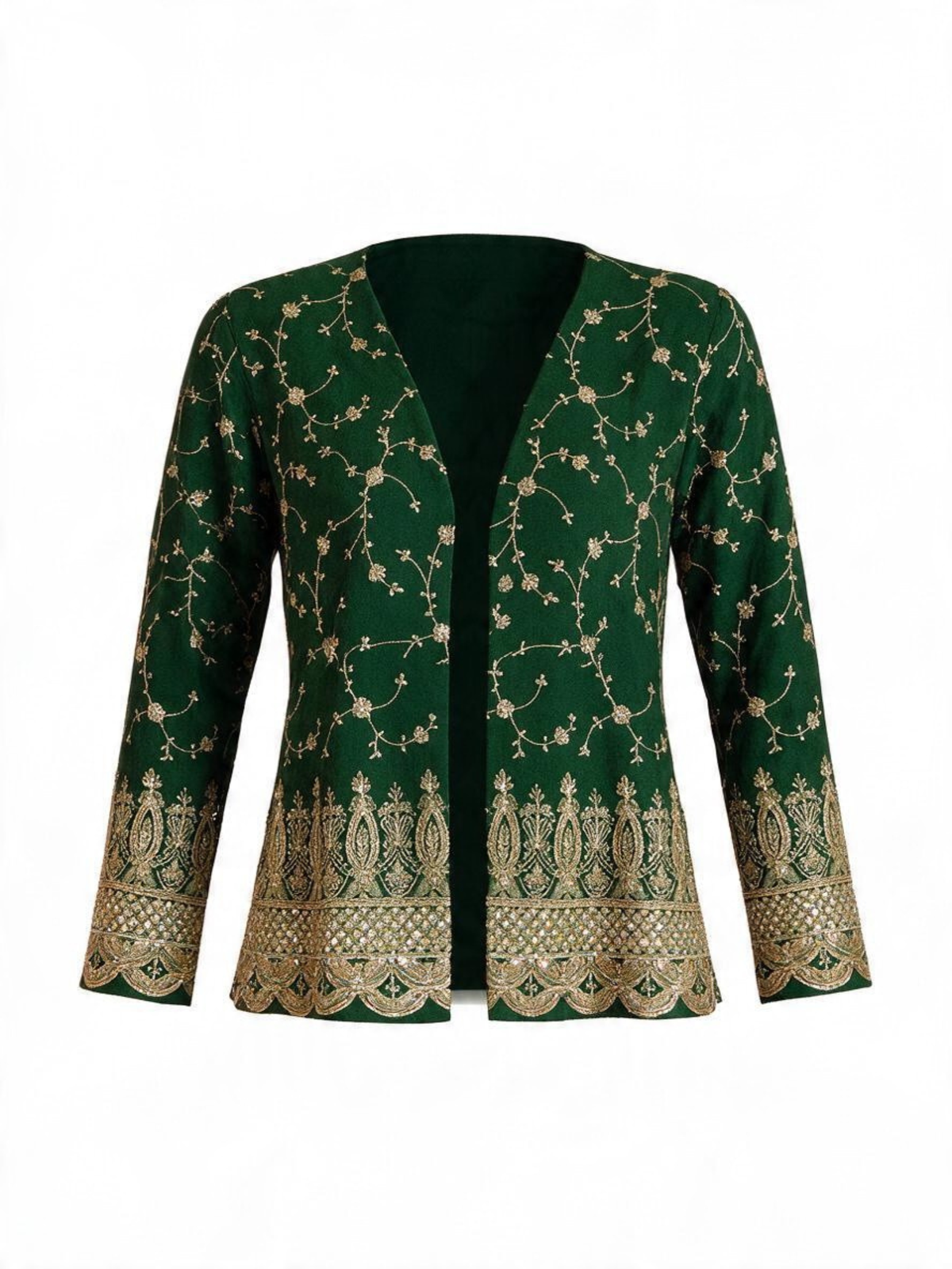 The Luminara Jacket by La' Agra: an embroidered green jacket with patterned detail that layers over a simple top and jeans for an instant statement.