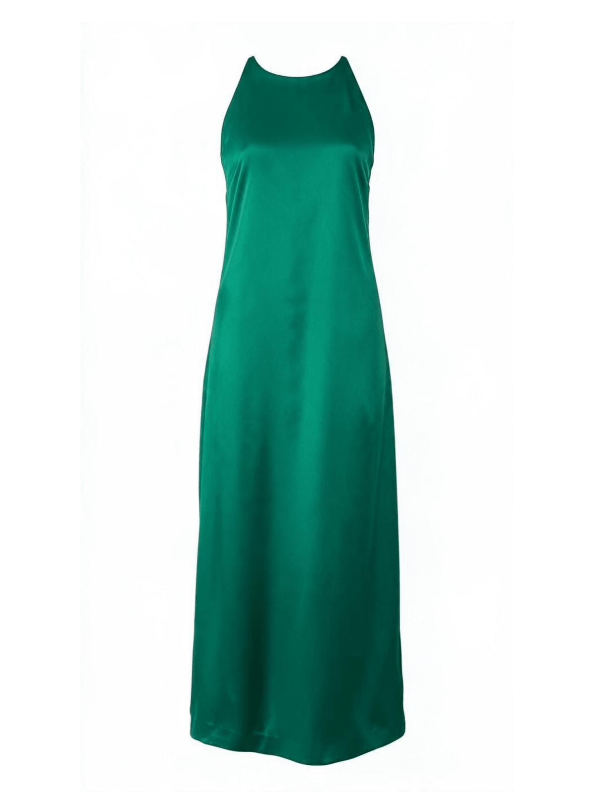 A sleeveless, high-neck, floor-length emerald green dress with a smooth satin-like sheen, shown against a plain white background.