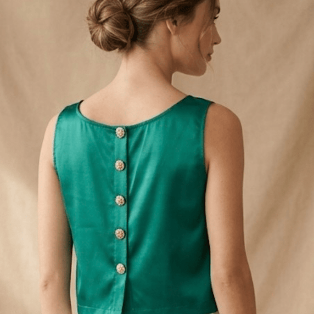Emerald Back Button Top | Gold Buttons Satin Blouse | La' Agra