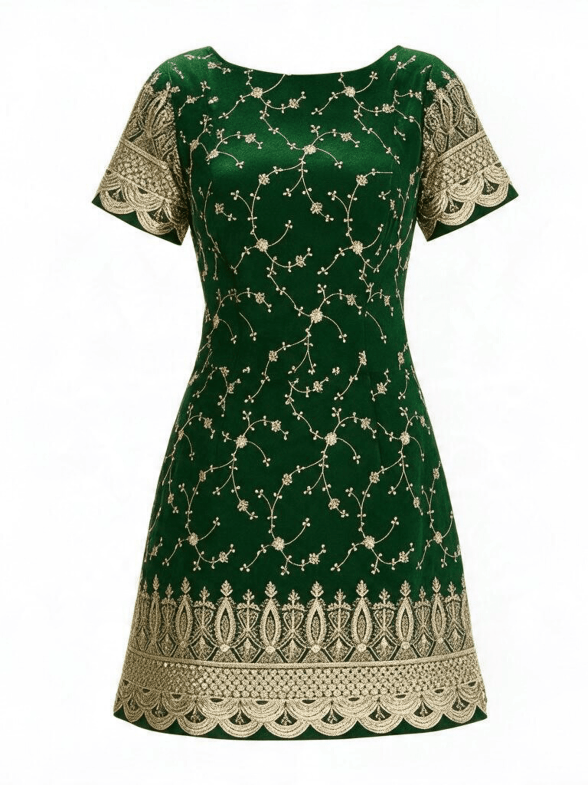 A dark green short-sleeve dress with intricate gold floral embroidery and a decorative gold lace hem, shown against a plain white background.