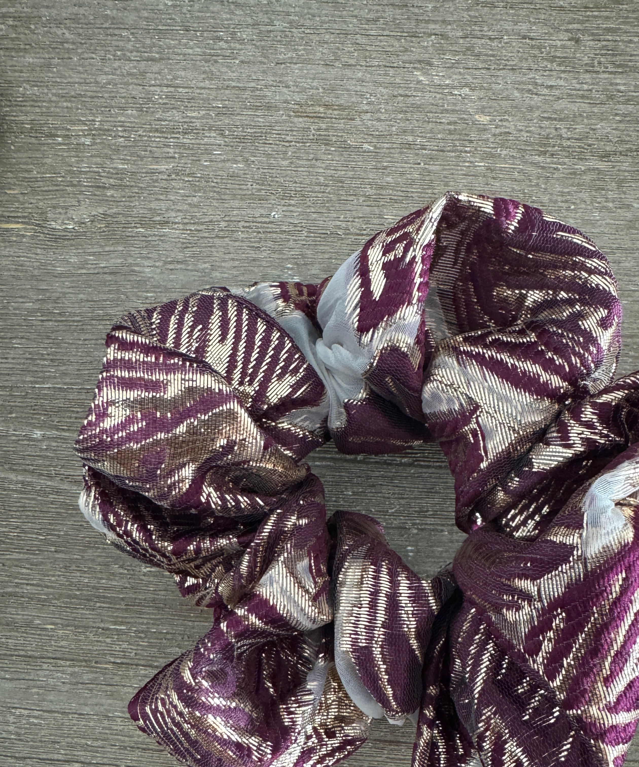 Purple and gold floral scrunchie