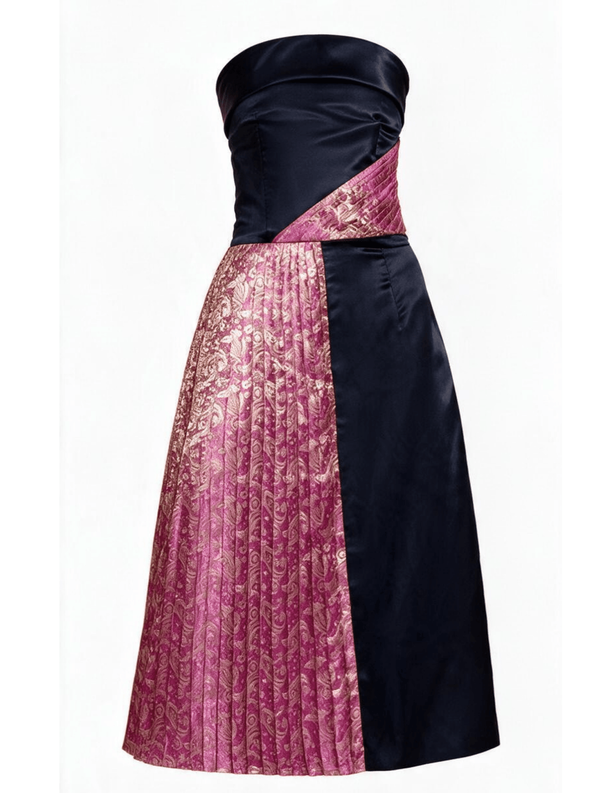 A strapless midi dress featuring a black satin bodice and skirt panels contrasted with a pink and gold patterned pleated fabric on the front and side.