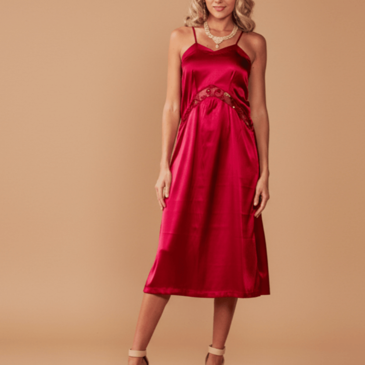 The Slip Dress | Beaded Red Lace Satin Midi Dress for Women