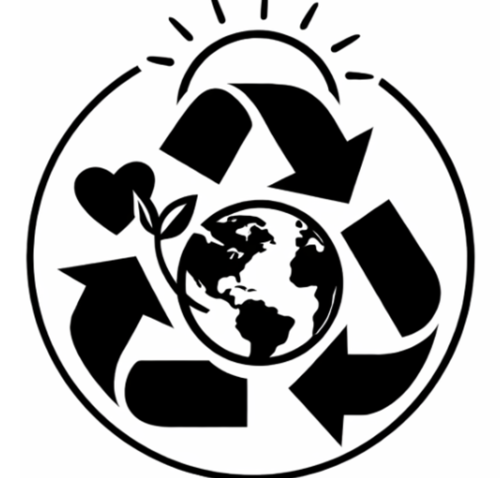 Black recycling symbol with a globe and leaves on a white background