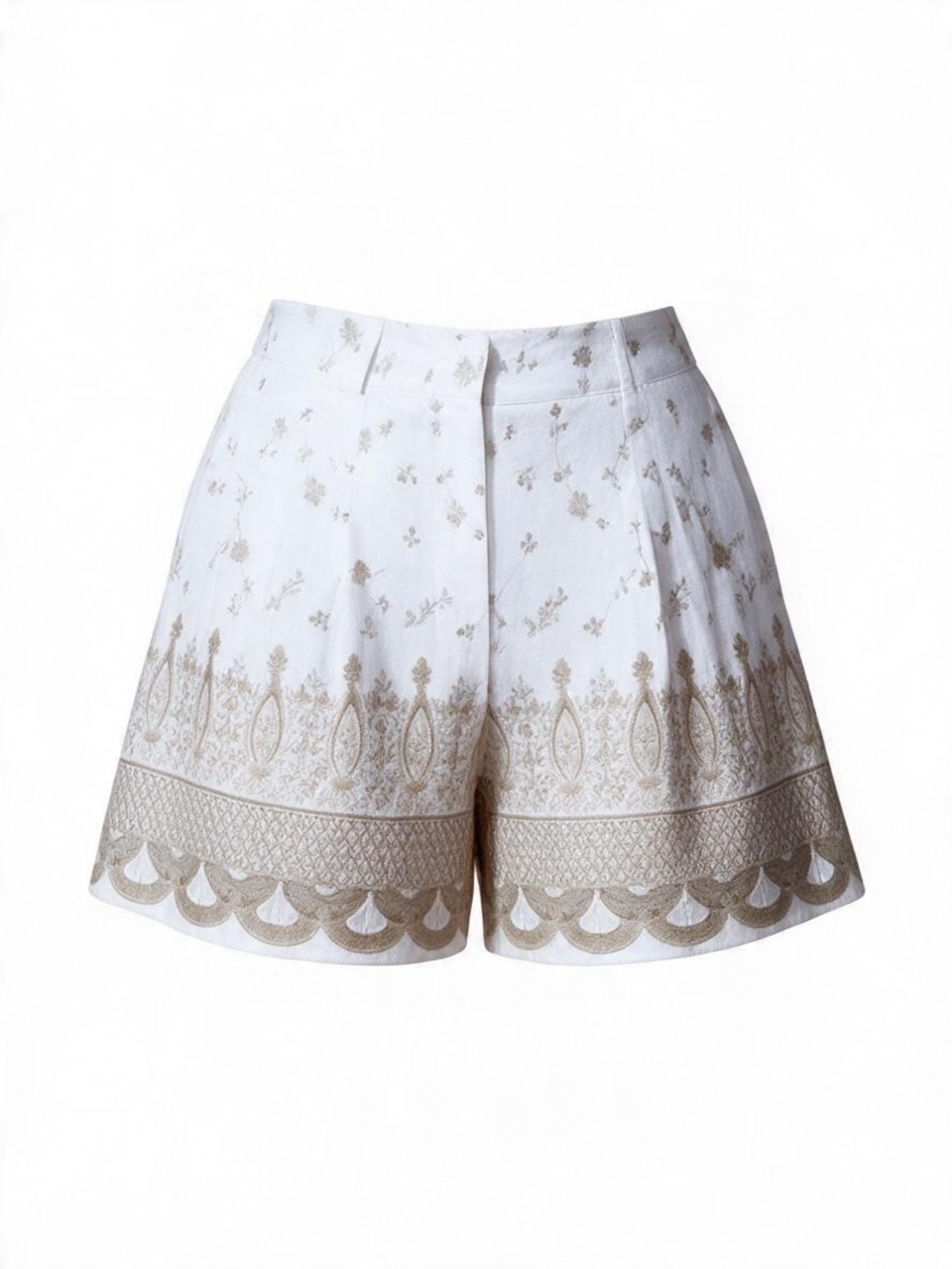 The Prism Short by La' Agra: tailored, polished shorts in white and blue with gold-toned pattern detail, made for brunch, travel, and summer-to-fall styling