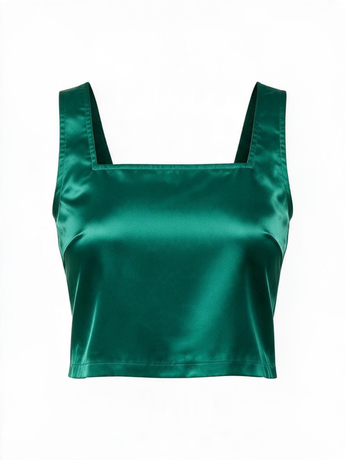 La' Agra emerald green satin sleeveless crop top with a square neckline