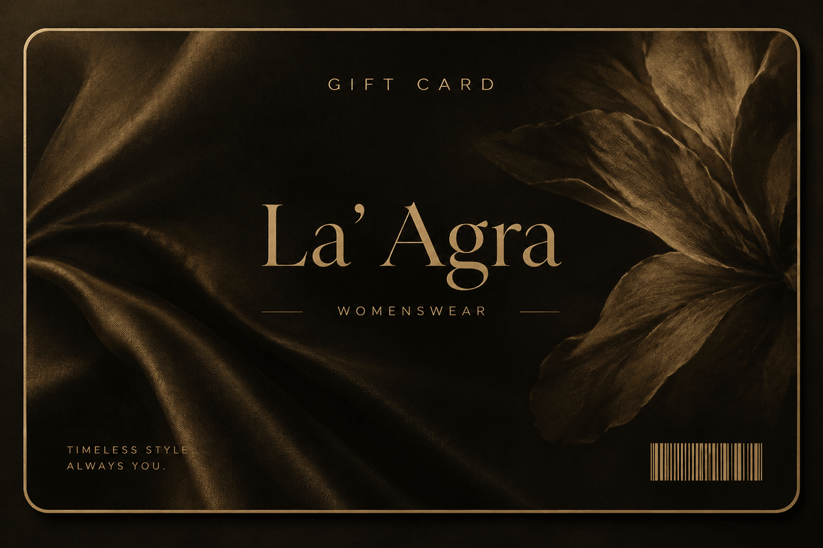 La' Agra digital gift card featuring a dark, elegant fabric texture with gold lettering and floral accents.