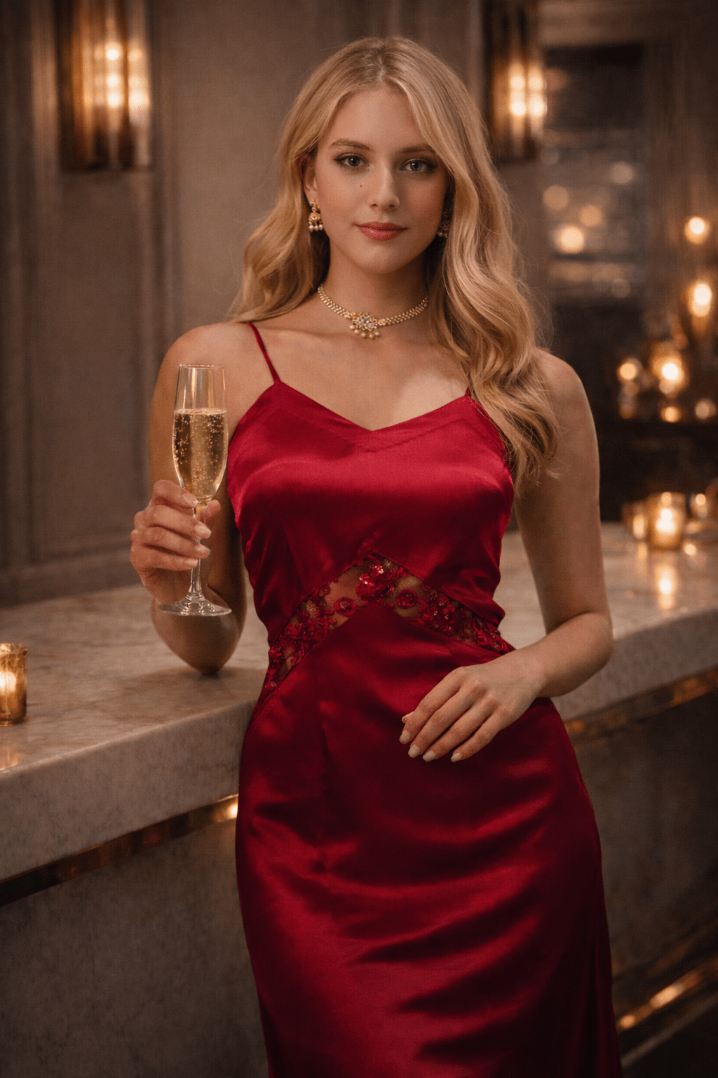 woman in red dress holding champagne