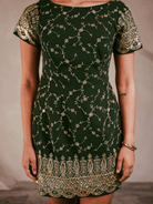 Green dress with gold embroidery on a plain background