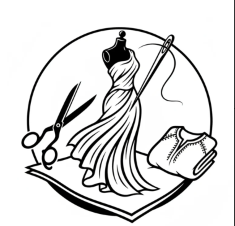 Black and white illustration of a dress, scissors, and sewing tools on a white background