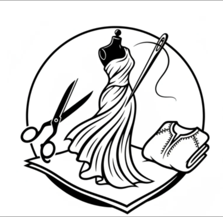 Black and white illustration of a dress, scissors, and sewing tools on a white background