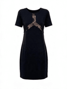 A short-sleeve black dress featuring a brown and beige floral lace Y-shaped chest detail, shown against a plain white background.
