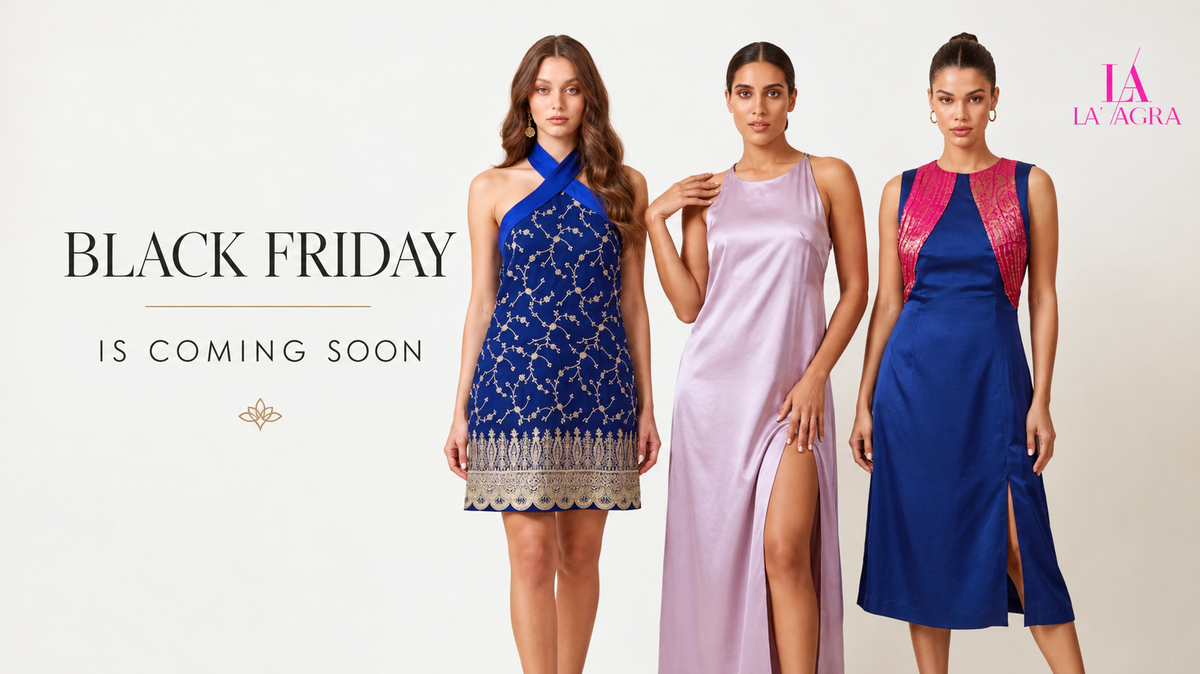 three women in dresses promoting black friday