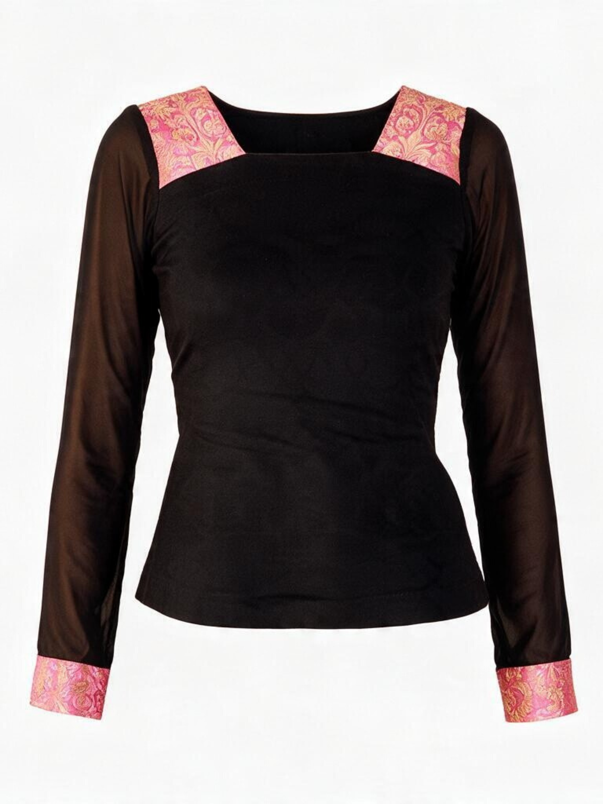 A black long-sleeve top with sheer mesh sleeves and contrasting pink paisley patterned trim at the square neckline and cuffs, shown against a plain white background.