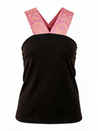 A black strapless tank top with wide, decorative pink and gold patterned shoulder straps, shown against a plain white background.