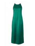 A sleeveless, high-neck, floor-length emerald green dress with a smooth satin-like sheen, shown against a plain white background.