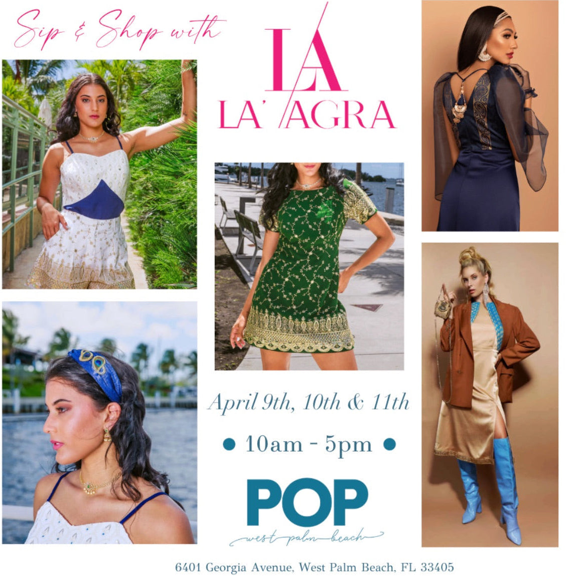Promotional flyer for a fashion event featuring models in various outfits with 'LA LA'AGRA branding.