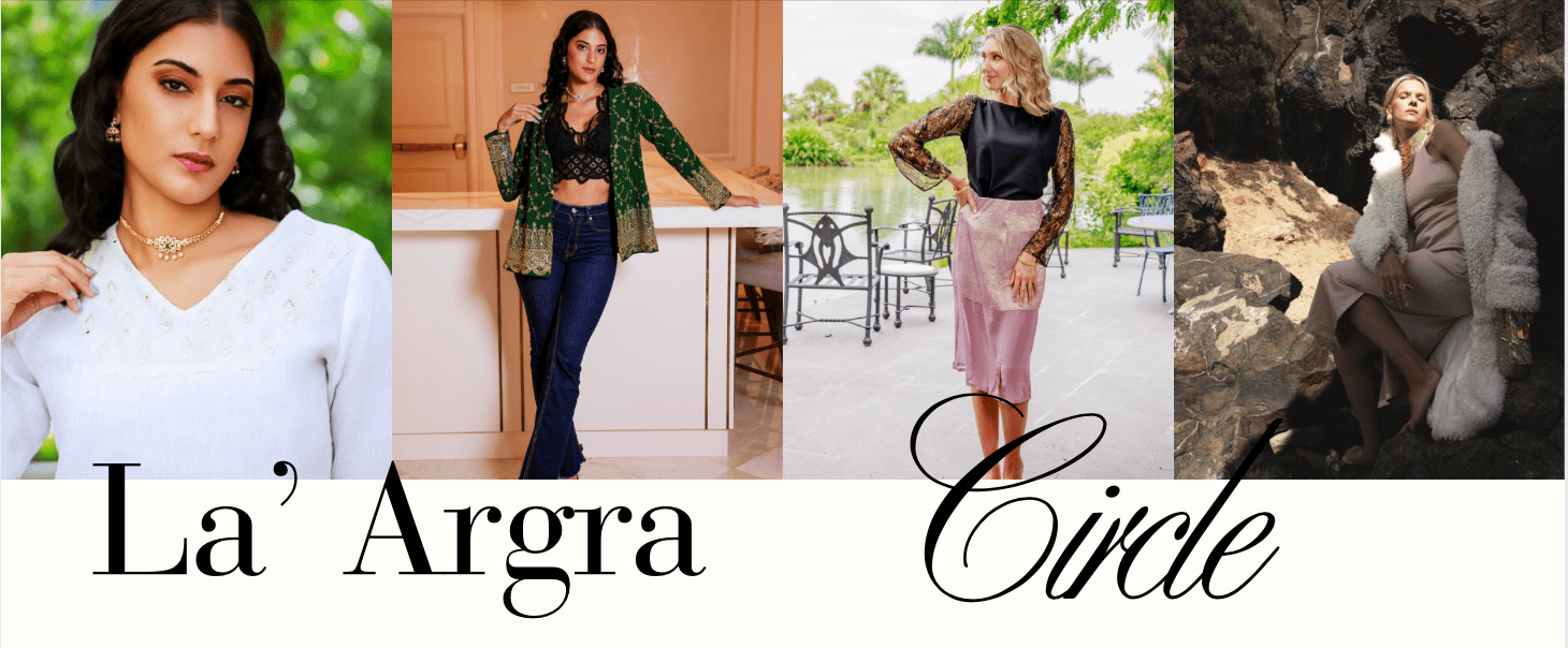 Collage of a woman in different outfits with 'La' Argra' and 'Circle' branding.