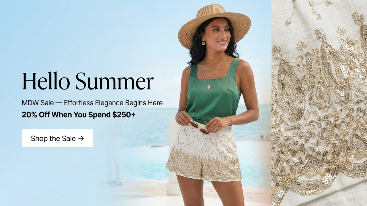 Woman in green top and beige shorts with a hat, promotional text for 'Hello Summer' sale.