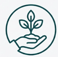 Line art of a hand holding a small plant with a circular outline on a light gray background