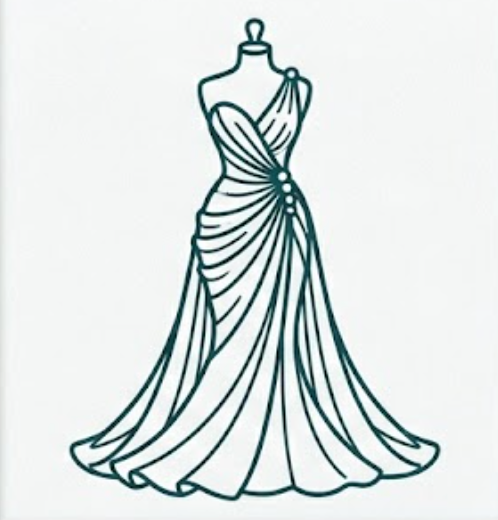 Line drawing of a formal gown on a mannequin