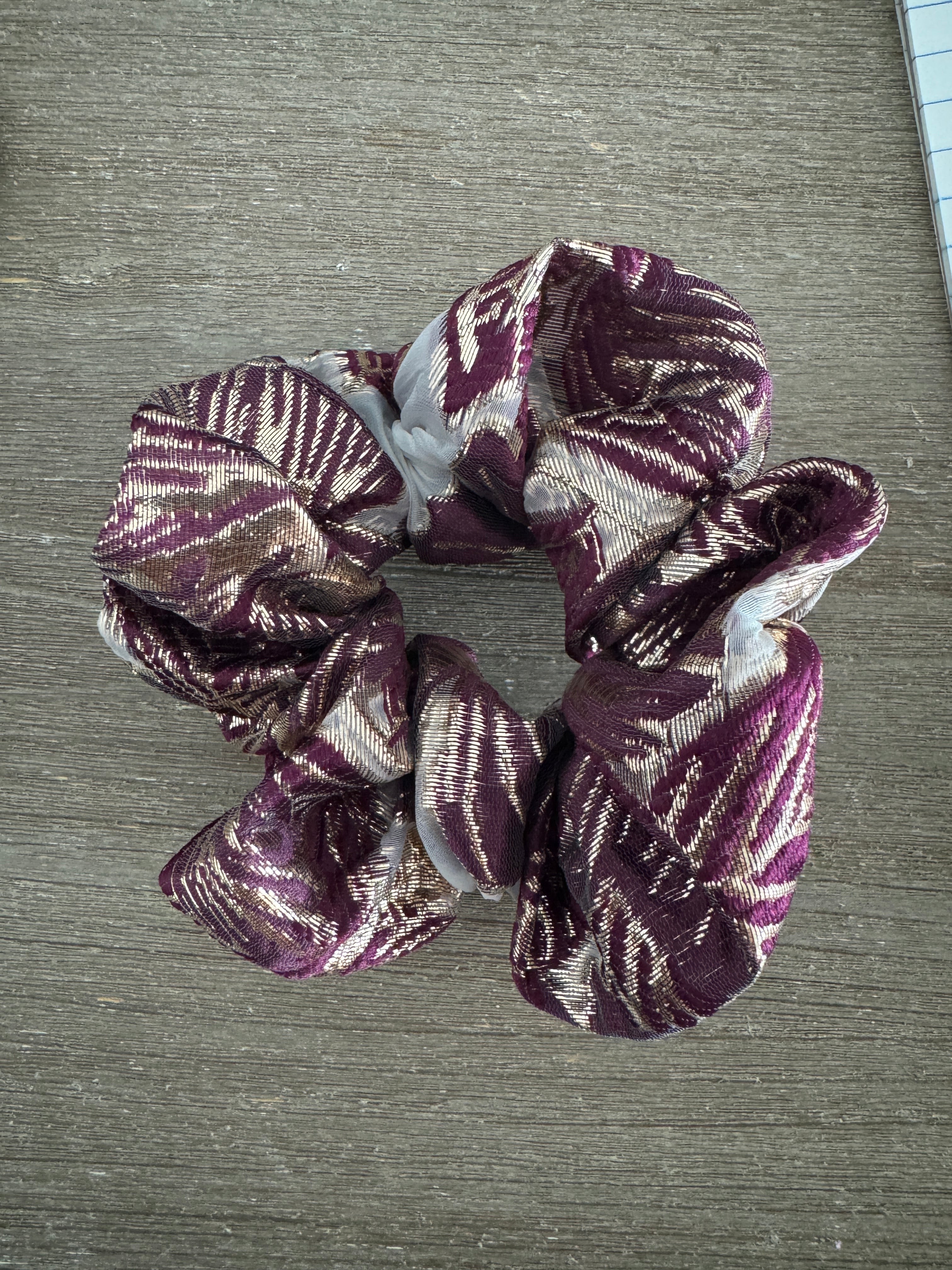 Purple and gold floral scrunchie 