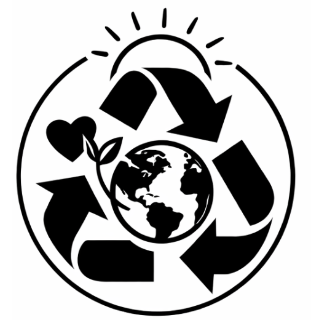 Black recycling symbol with a globe and leaves on a white background