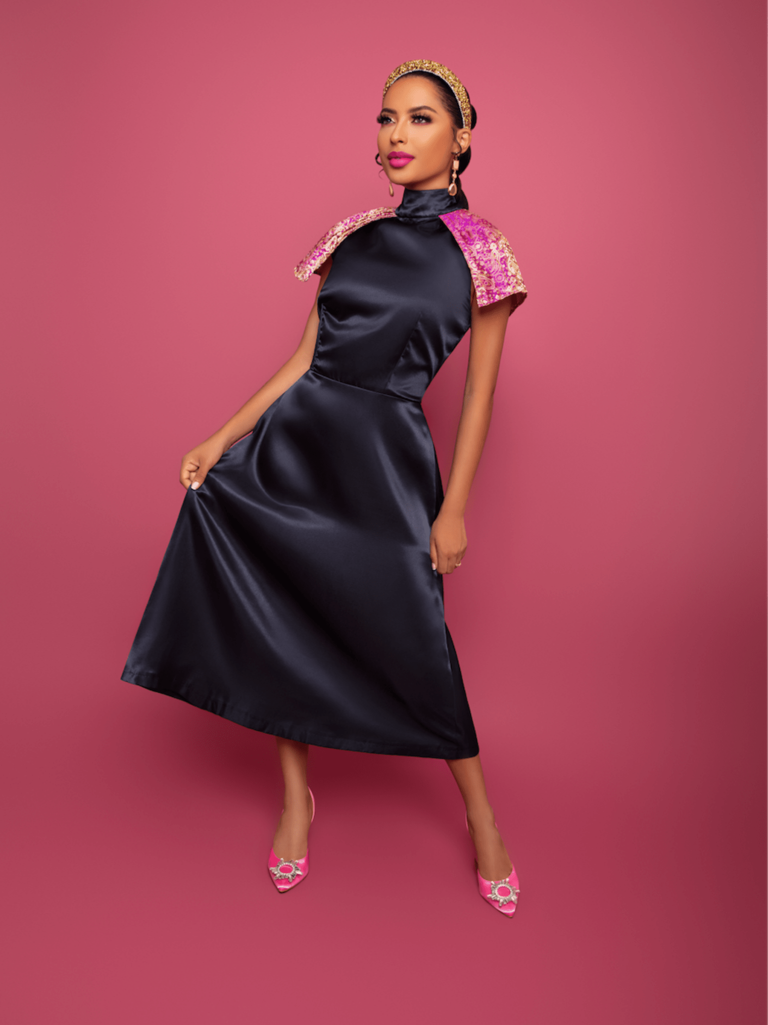 Woman in Blue Dress with Pink Sleeves