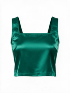 La' Agra emerald green satin sleeveless crop top with a square neckline